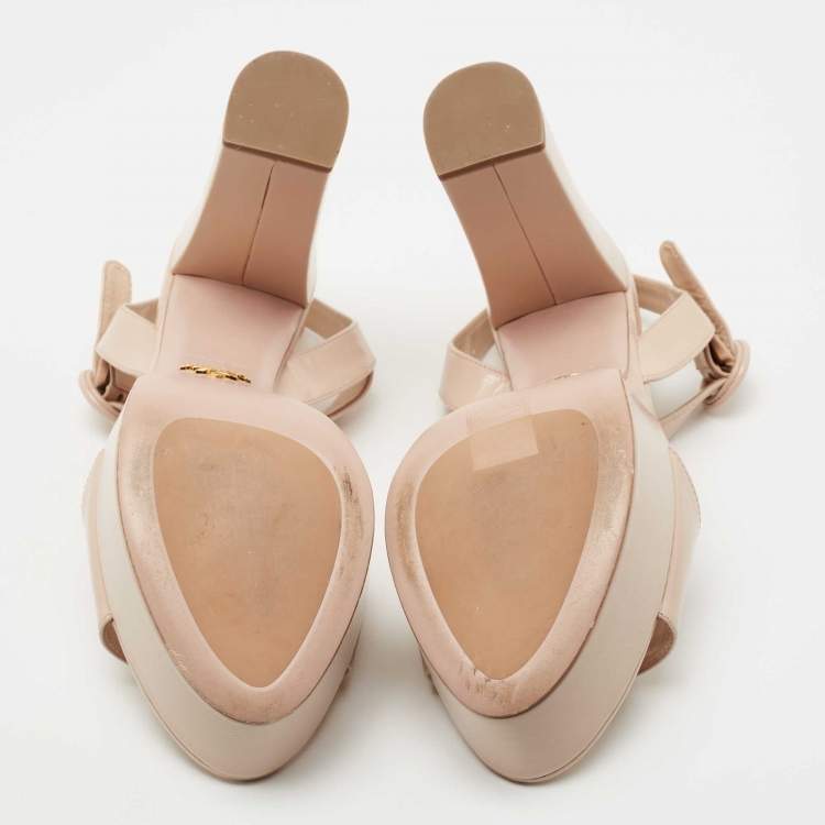 Pre Owned Prada Beige Patent Leather Block Heel Platform Ankle Strap Sandals Size 40