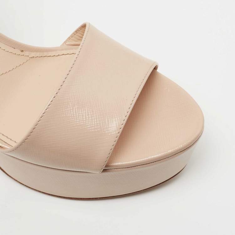 Pre Owned Prada Beige Patent Leather Block Heel Platform Ankle Strap Sandals Size 40