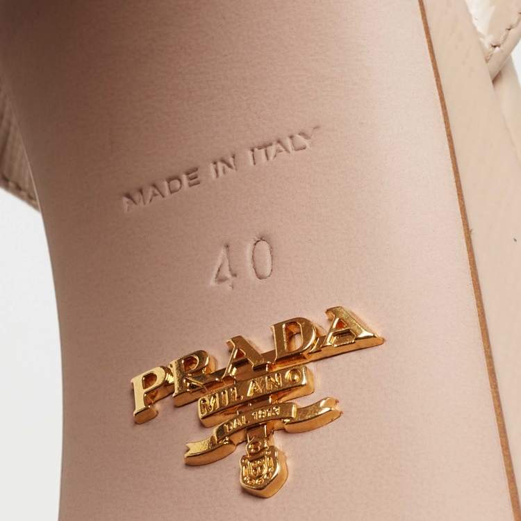 Pre Owned Prada Beige Patent Leather Block Heel Platform Ankle Strap Sandals Size 40