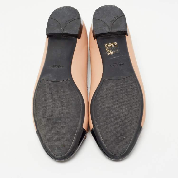 Pre Owned Prada Black/Pink Patent and Leather Bow Ballet Flats Size 38.5