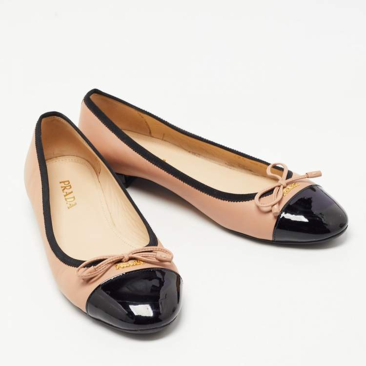 Pre Owned Prada Black/Pink Patent and Leather Bow Ballet Flats Size 38.5