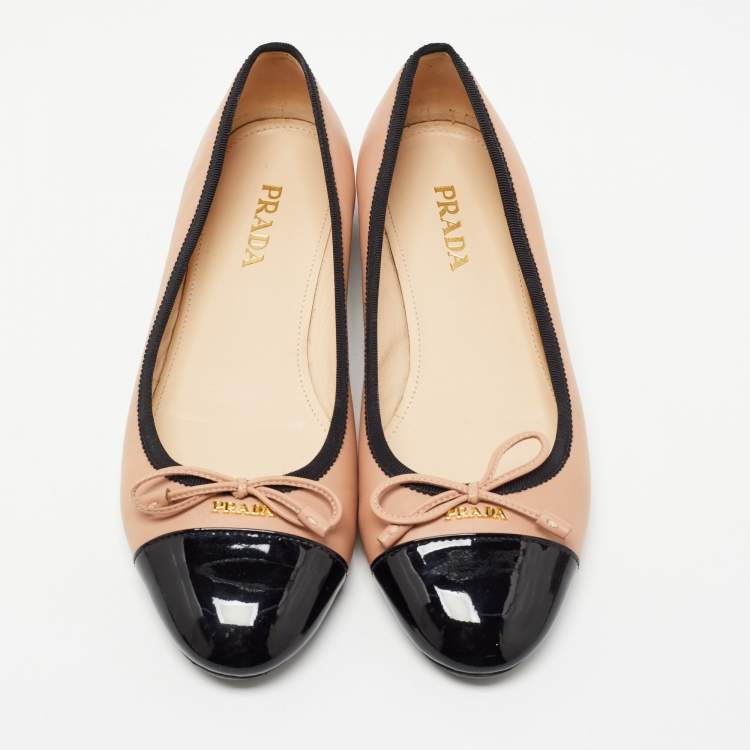 Pre Owned Prada Black/Pink Patent and Leather Bow Ballet Flats Size 38.5