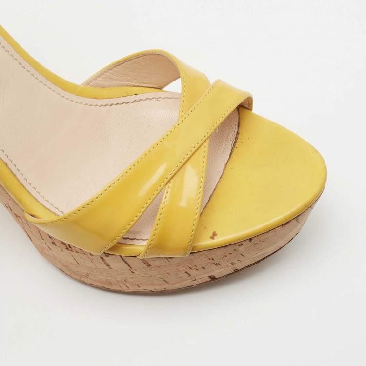 Pre Owned Prada Yellow Patent Leather Cork Platform Ankle Strap Sandals Size 37.5