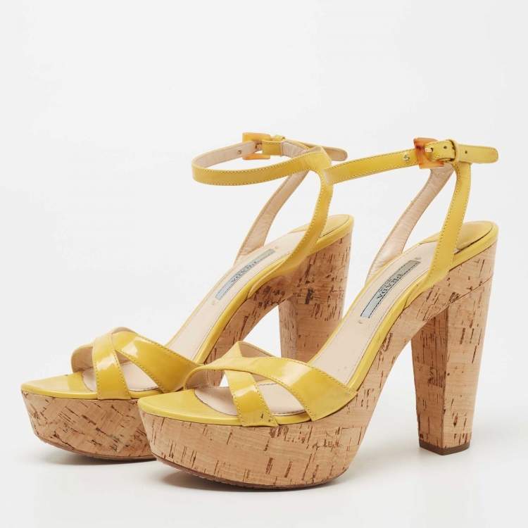 Pre Owned Prada Yellow Patent Leather Cork Platform Ankle Strap Sandals Size 37.5