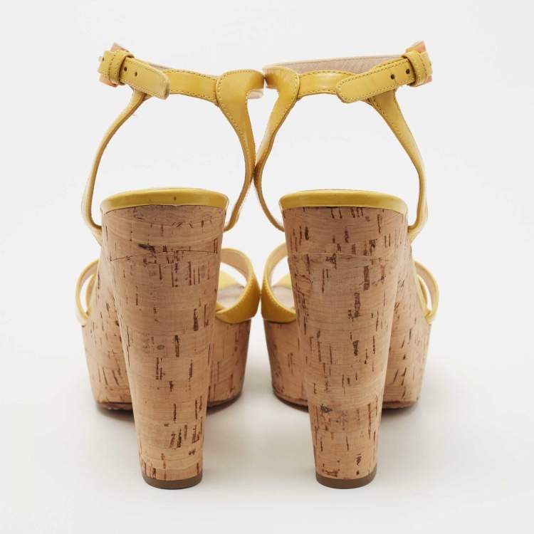Pre Owned Prada Yellow Patent Leather Cork Platform Ankle Strap Sandals Size 37.5