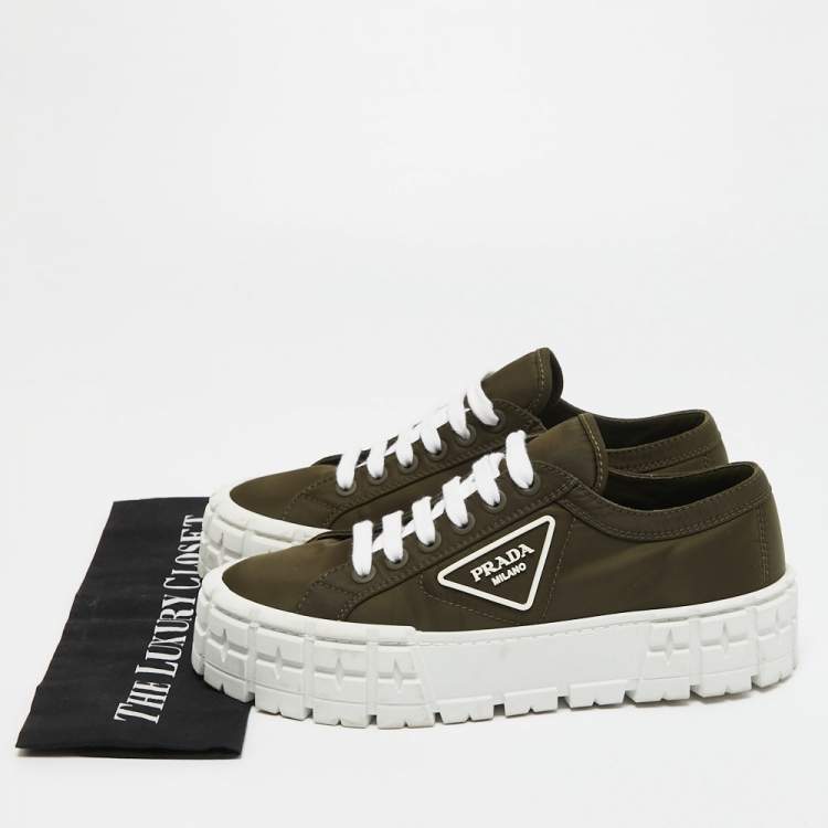 Pre Owned Prada Green Nylon Double Wheel Lace Up Sneakers  Size 39.5