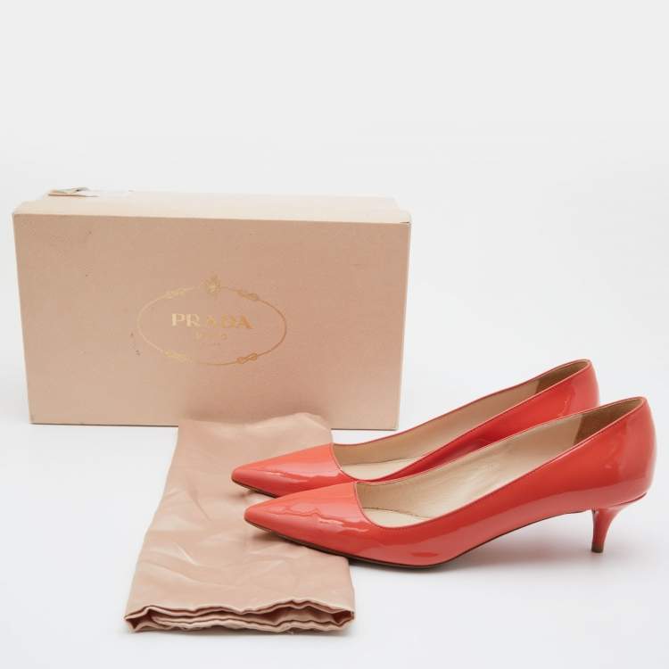 Pre Owned Prada Orange Patent Leather Pointed Toe Kitten Heel Pumps Size 37