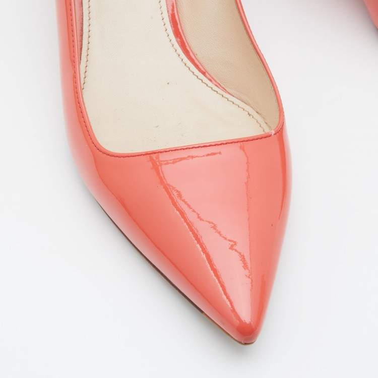Pre Owned Prada Orange Patent Leather Pointed Toe Kitten Heel Pumps Size 37