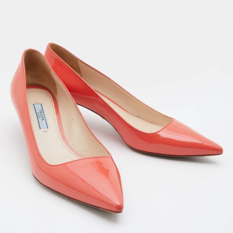 Pre Owned Prada Orange Patent Leather Pointed Toe Kitten Heel Pumps Size 37
