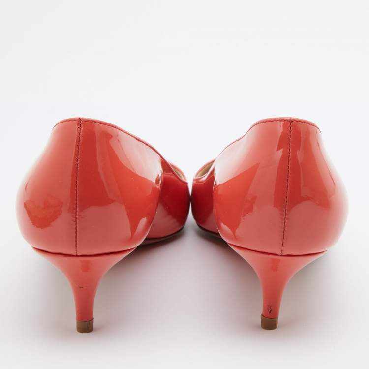Pre Owned Prada Orange Patent Leather Pointed Toe Kitten Heel Pumps Size 37
