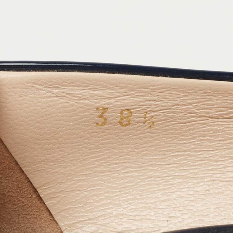 Pre Owned Prada Navy Blue Patent Leather Bow Peep Toe Wedge Pumps Size 38.5