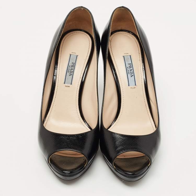 Pre Owned Prada Black Vernice Saffiano Leather Peep Toe Platform Pumps Size 35.5