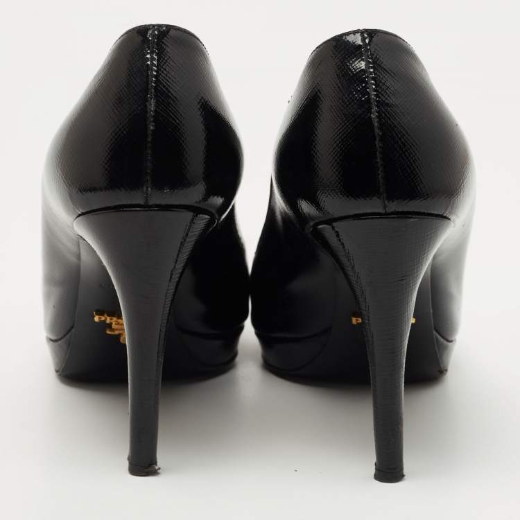 Pre Owned Prada Black Vernice Saffiano Leather Peep Toe Platform Pumps Size 35.5