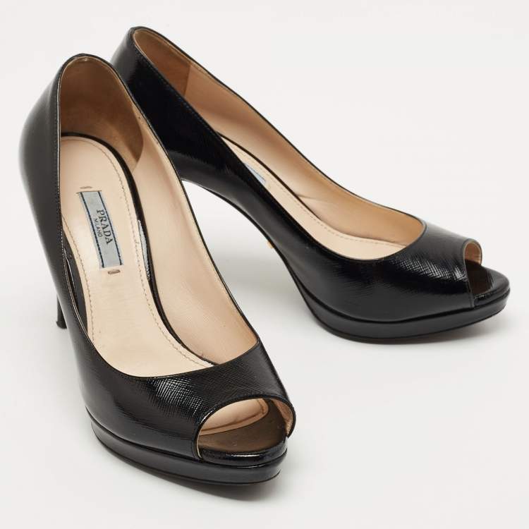 Pre Owned Prada Black Vernice Saffiano Leather Peep Toe Platform Pumps Size 35.5