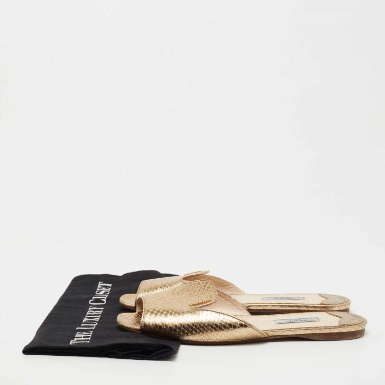 Pre Owned Prada Gold Snakeskin Embossed Leather Flat Slides Size 38