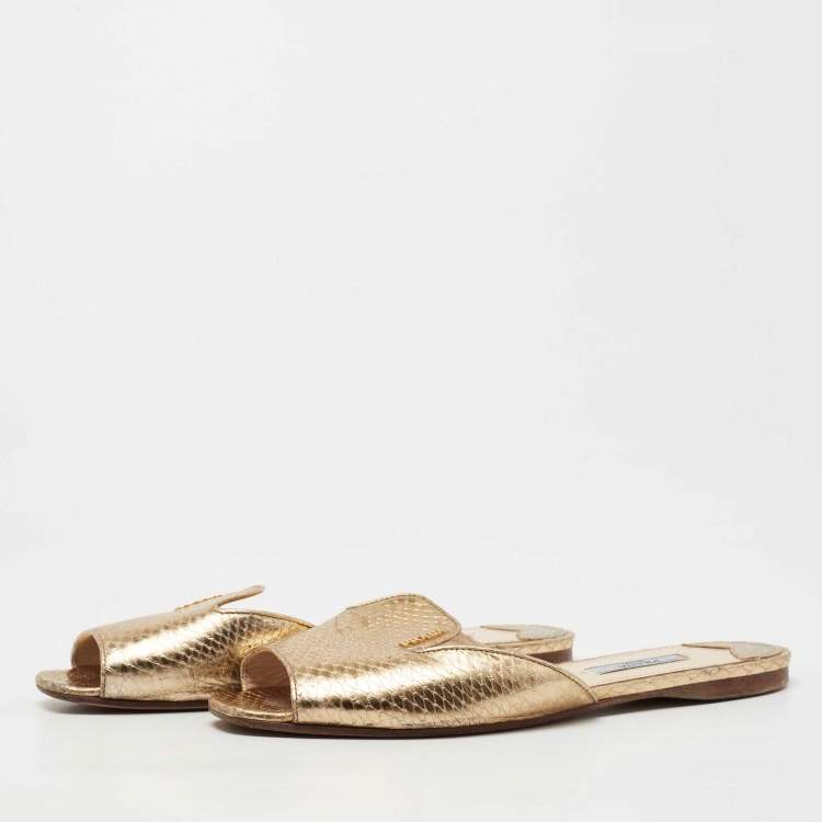 Pre Owned Prada Gold Snakeskin Embossed Leather Flat Slides Size 38