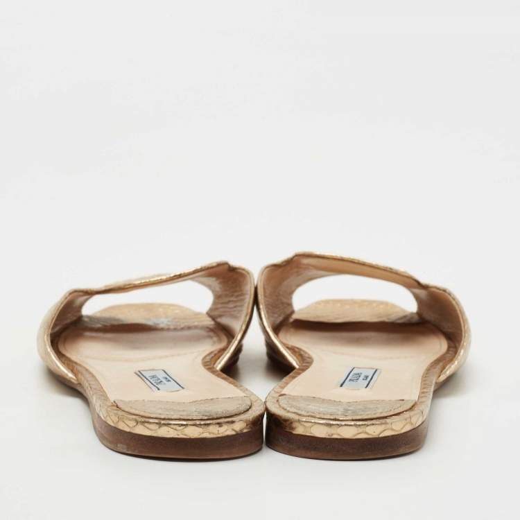 Pre Owned Prada Gold Snakeskin Embossed Leather Flat Slides Size 38