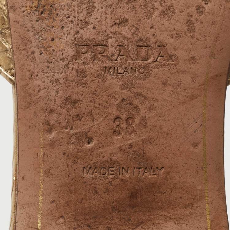 Pre Owned Prada Gold Snakeskin Embossed Leather Flat Slides Size 38