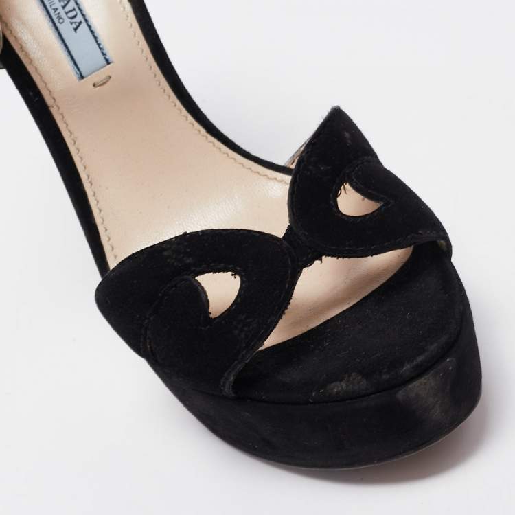 Pre Owned Prada Black Suede Platform Ankle Strap Sandals Size 39