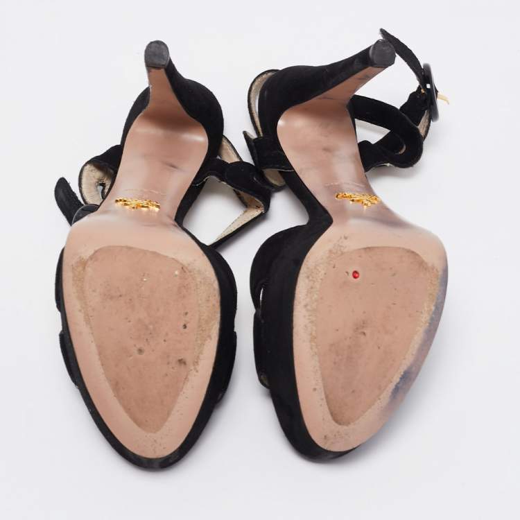 Pre Owned Prada Black Suede Platform Ankle Strap Sandals Size 39