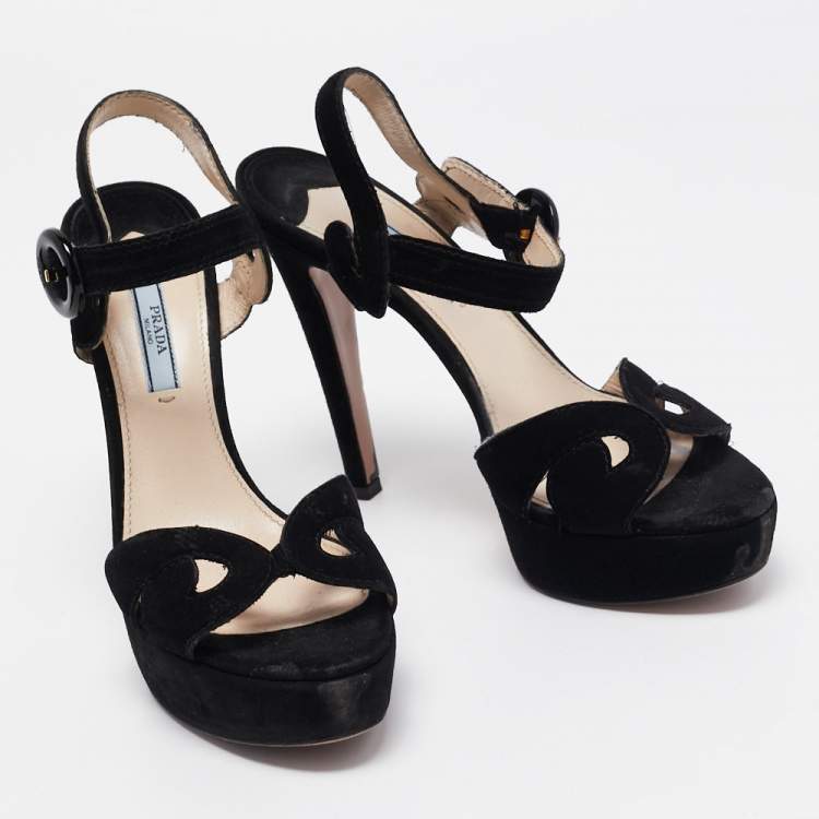 Pre Owned Prada Black Suede Platform Ankle Strap Sandals Size 39