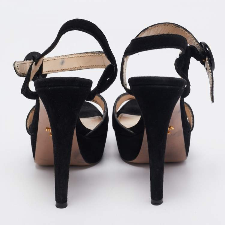 Pre Owned Prada Black Suede Platform Ankle Strap Sandals Size 39