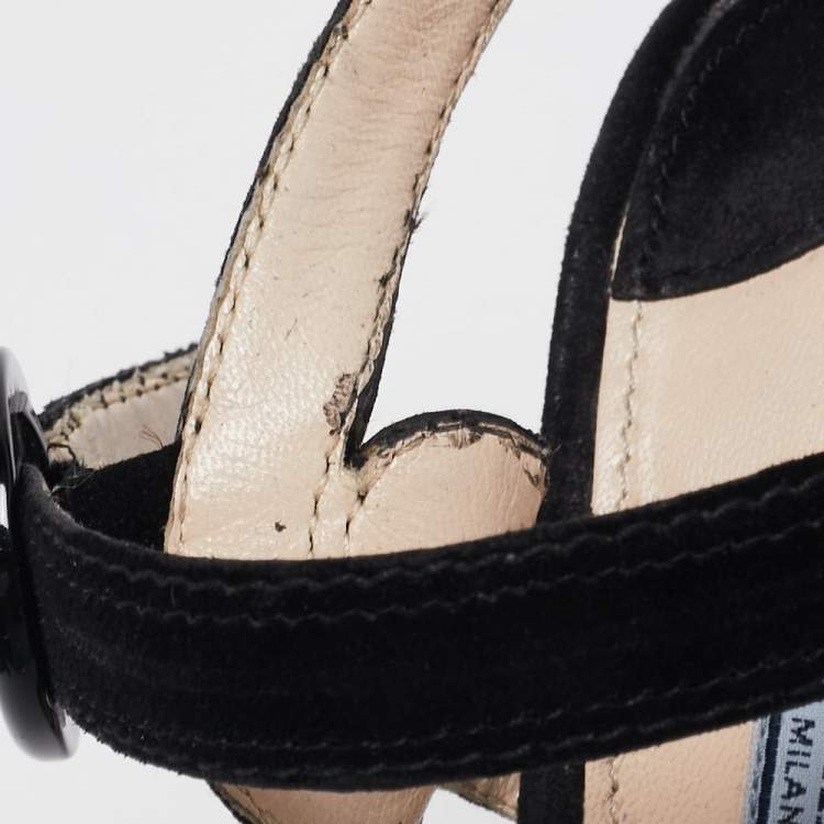 Pre Owned Prada Black Suede Platform Ankle Strap Sandals Size 39