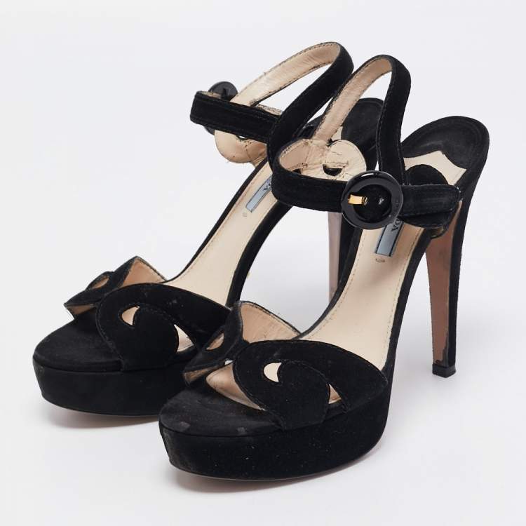 Pre Owned Prada Black Suede Platform Ankle Strap Sandals Size 39