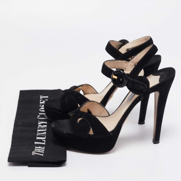 Pre Owned Prada Black Suede Platform Ankle Strap Sandals Size 39