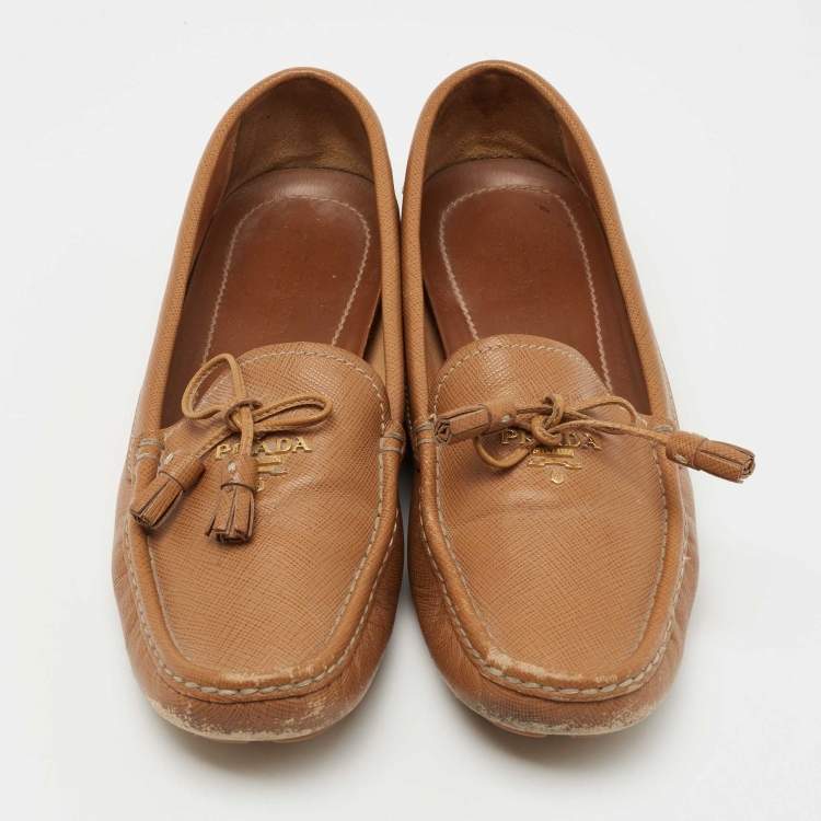 Pre Owned Prada Brown Saffiano Leather Bow Detail Loafers Size 39