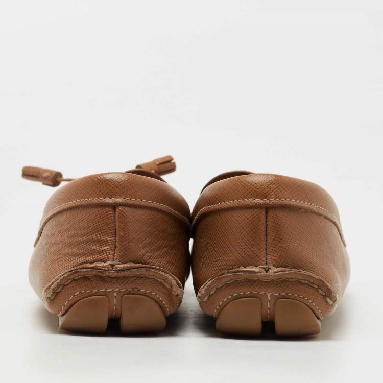 Pre Owned Prada Brown Saffiano Leather Bow Detail Loafers Size 39