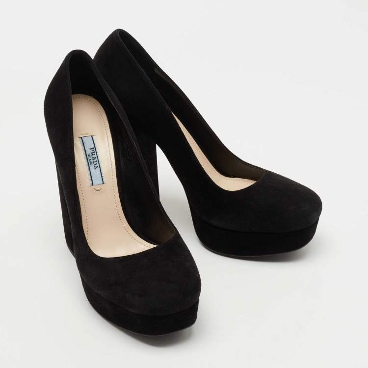 Pre Owned Prada Black Suede Platform Block Heel Pumps Size 38