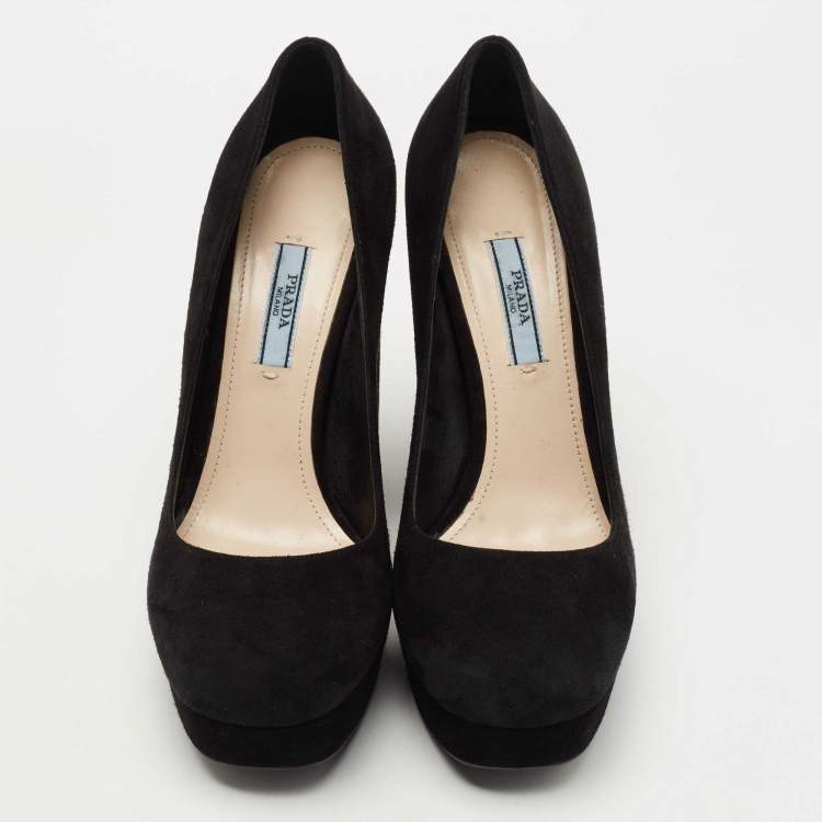 Pre Owned Prada Black Suede Platform Block Heel Pumps Size 38