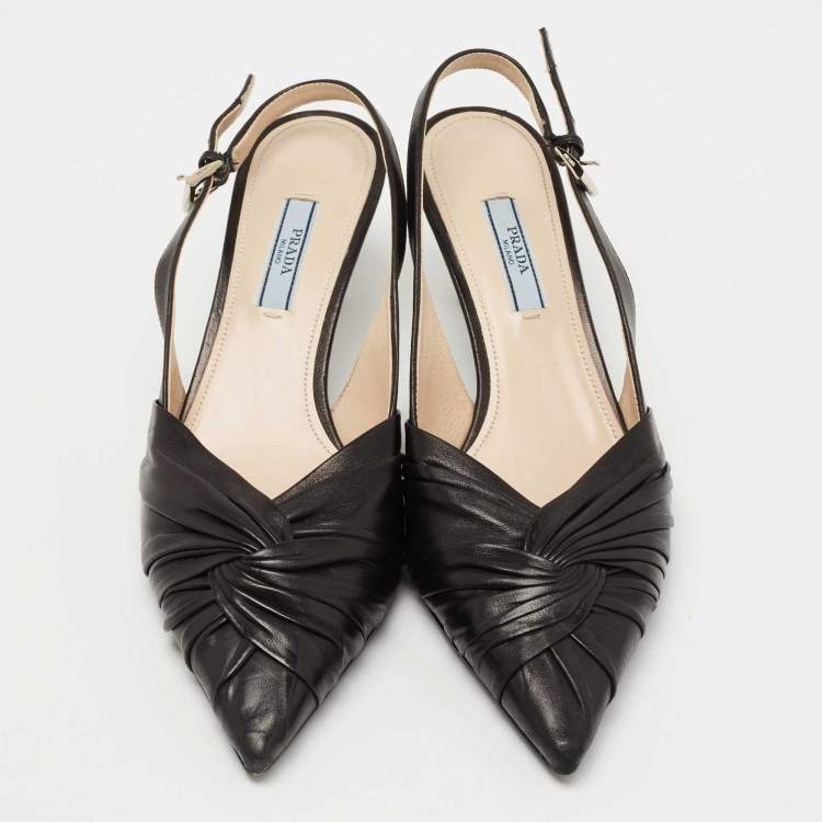 Pre Owned Prada Black Pleated Leather Slingback Pumps Size 38