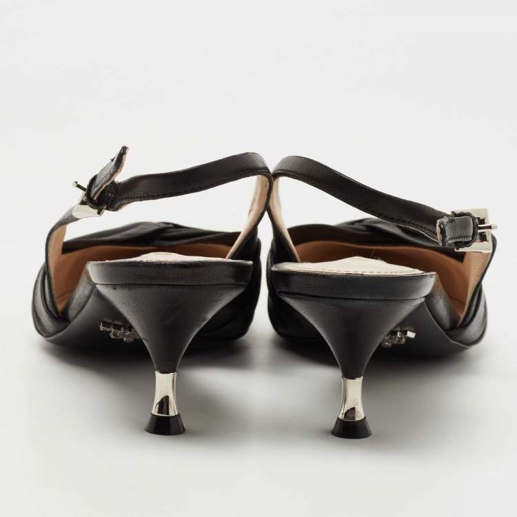 Pre Owned Prada Black Pleated Leather Slingback Pumps Size 38