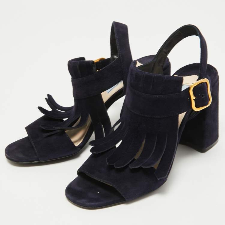 Pre Owned Prada Navy Blue Suede Fringe Ankle Strap Sandals Size 38.5
