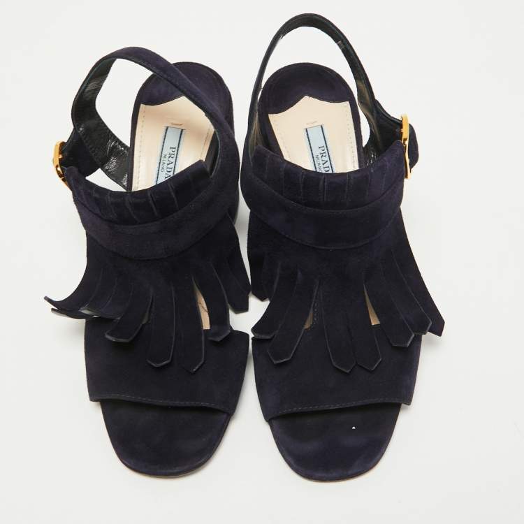 Pre Owned Prada Navy Blue Suede Fringe Ankle Strap Sandals Size 38.5