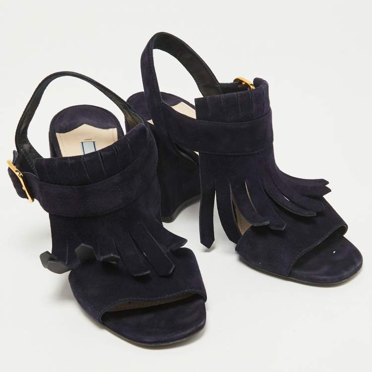 Pre Owned Prada Navy Blue Suede Fringe Ankle Strap Sandals Size 38.5