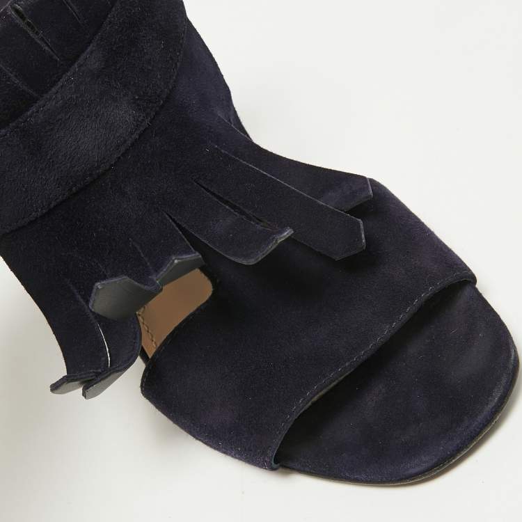 Pre Owned Prada Navy Blue Suede Fringe Ankle Strap Sandals Size 38.5