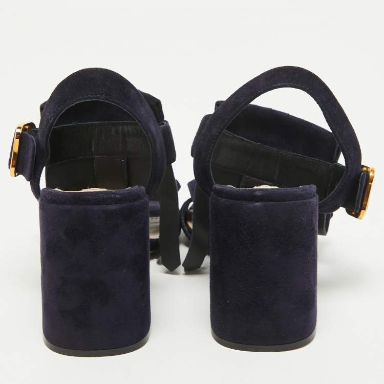 Pre Owned Prada Navy Blue Suede Fringe Ankle Strap Sandals Size 38.5