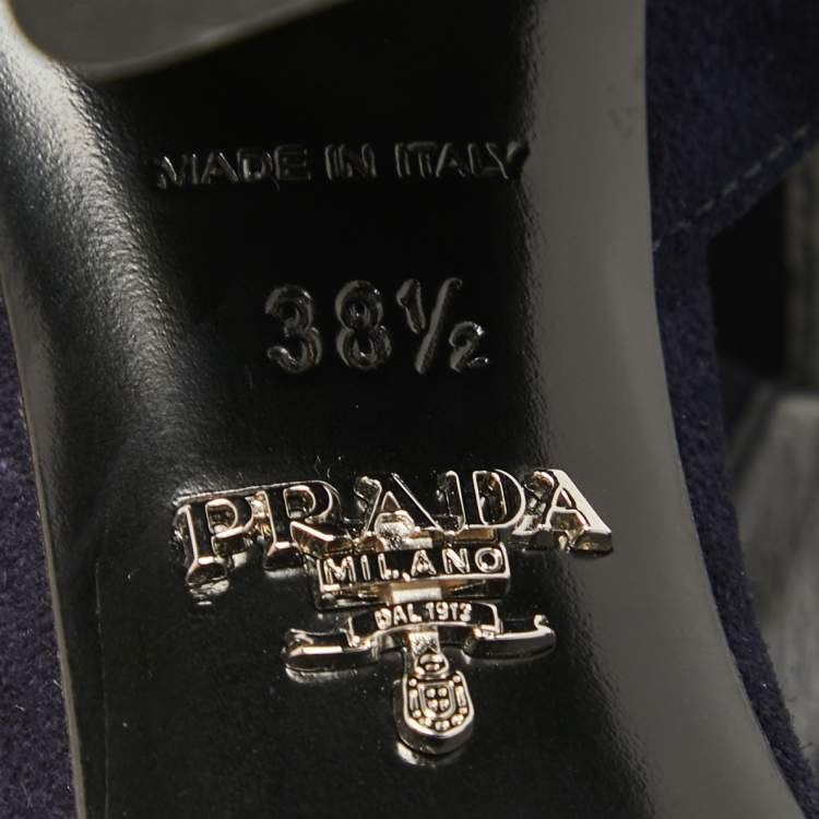 Pre Owned Prada Navy Blue Suede Fringe Ankle Strap Sandals Size 38.5