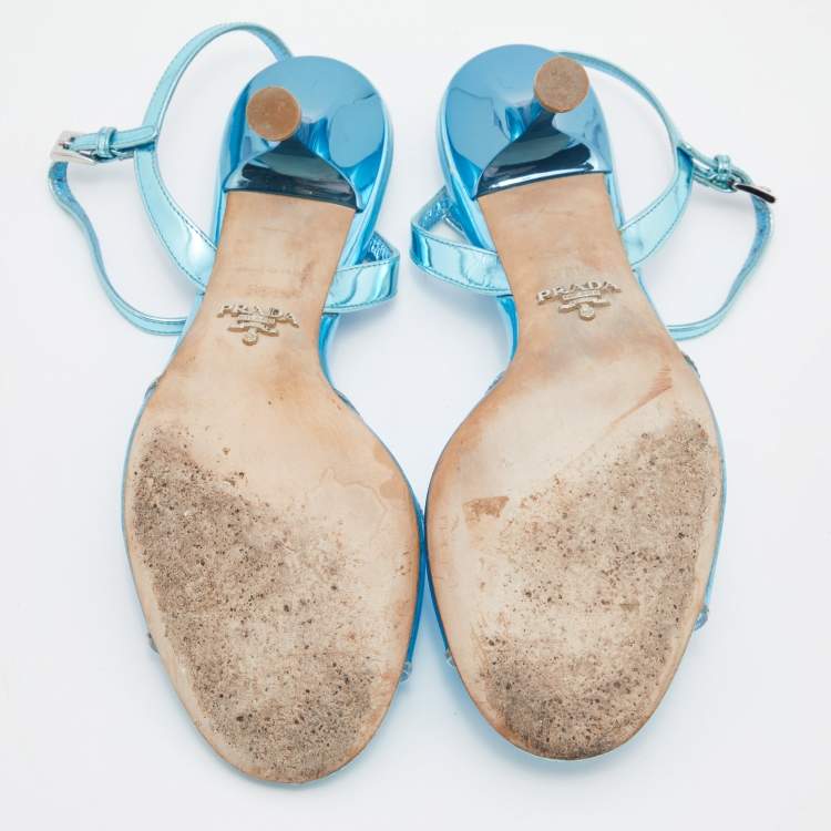 Pre Owned Prada Metallic Blue/Transparent Patent Leather and PVC Ankle Strap Sandals Size 36.5