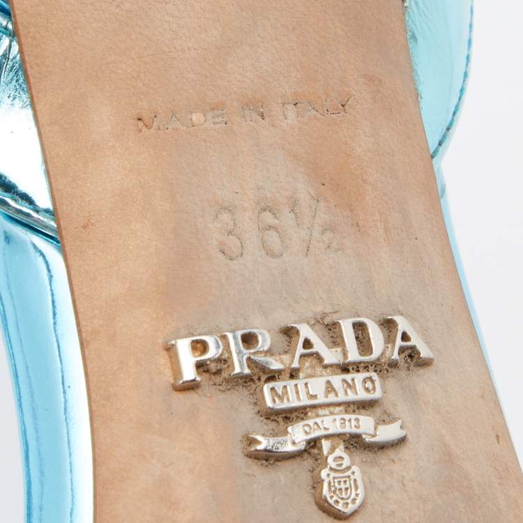 Pre Owned Prada Metallic Blue/Transparent Patent Leather and PVC Ankle Strap Sandals Size 36.5