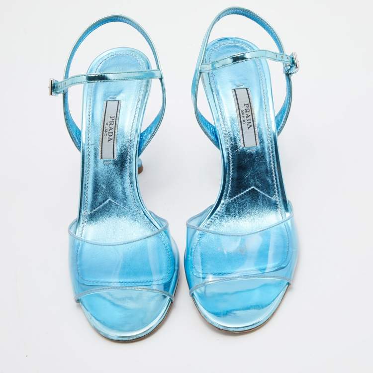 Pre Owned Prada Metallic Blue/Transparent Patent Leather and PVC Ankle Strap Sandals Size 36.5
