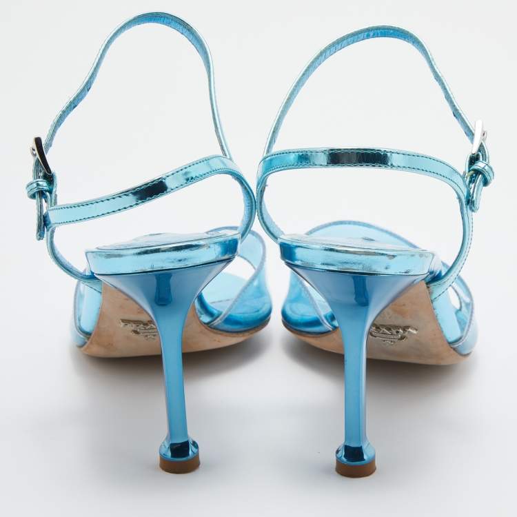 Pre Owned Prada Metallic Blue/Transparent Patent Leather and PVC Ankle Strap Sandals Size 36.5