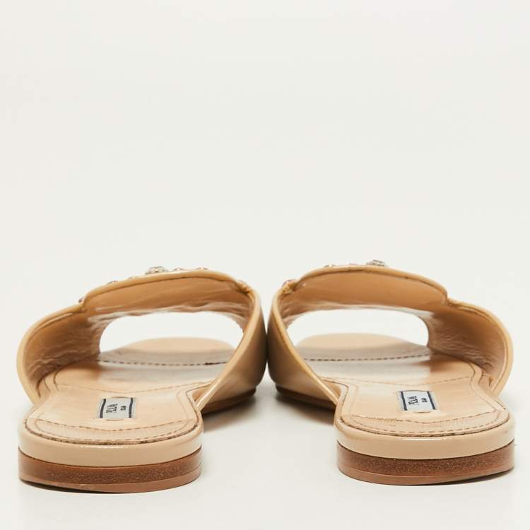 Pre Owned Prada Beige Saffiano Vernice Leather Crystal Embellished Flat Slides Size 37