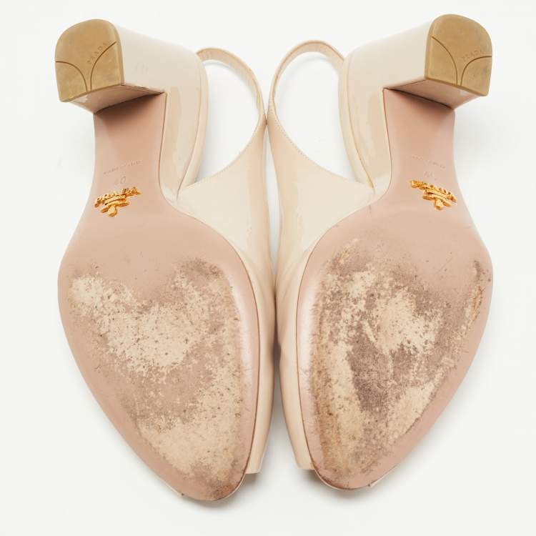 Pre Owned Prada Beige Patent Leather Peep Toe Slingback Pumps Size 40 