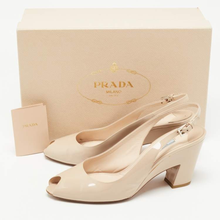 Pre Owned Prada Beige Patent Leather Peep Toe Slingback Pumps Size 40 