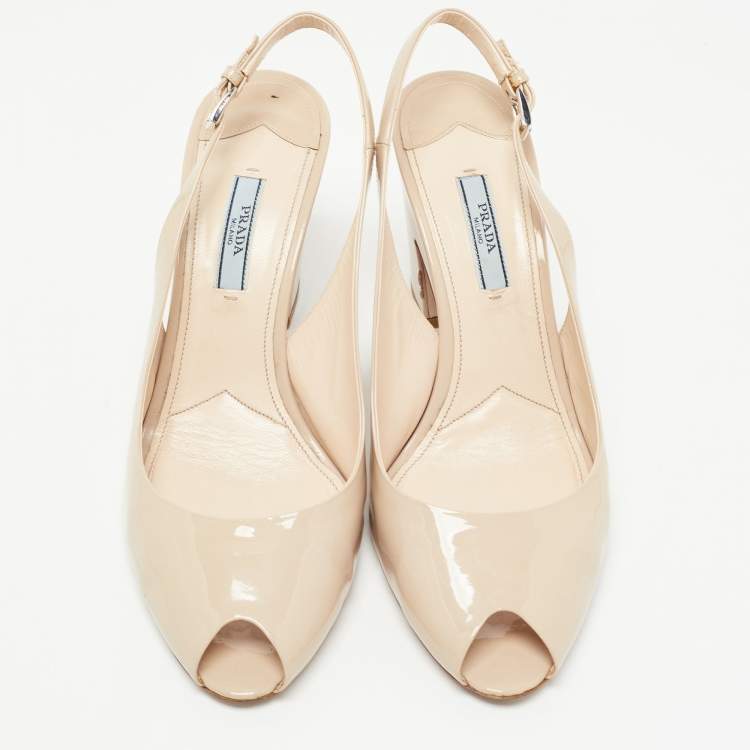 Pre Owned Prada Beige Patent Leather Peep Toe Slingback Pumps Size 40 
