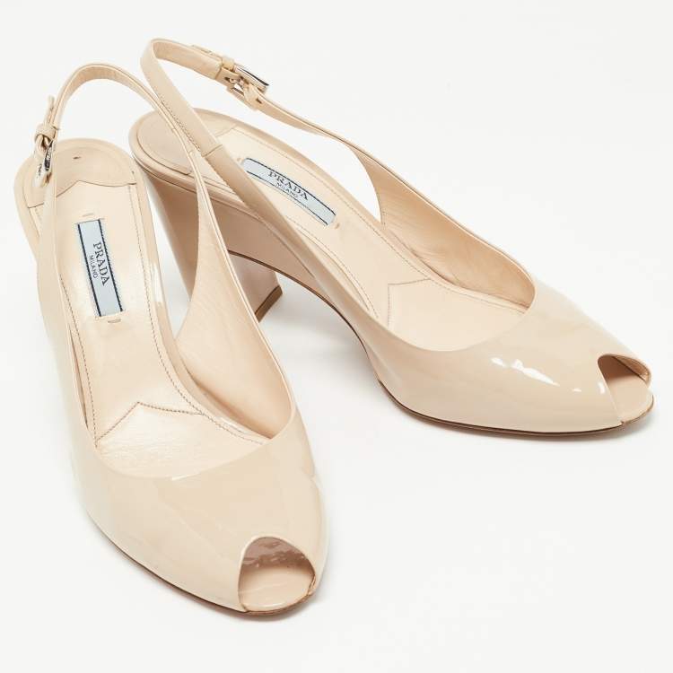 Pre Owned Prada Beige Patent Leather Peep Toe Slingback Pumps Size 40 